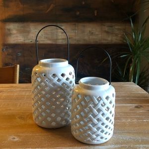 White Ceramic Woven Lanterns with Black Metal Handles Set of 2 NWOT